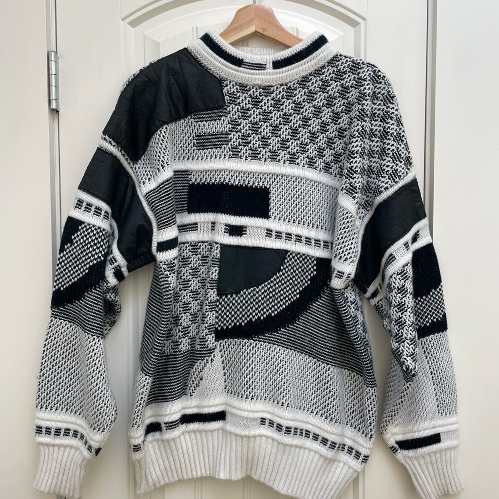 Vintage Geometric Black and White Knit Sweater (Real Leather + Wool)